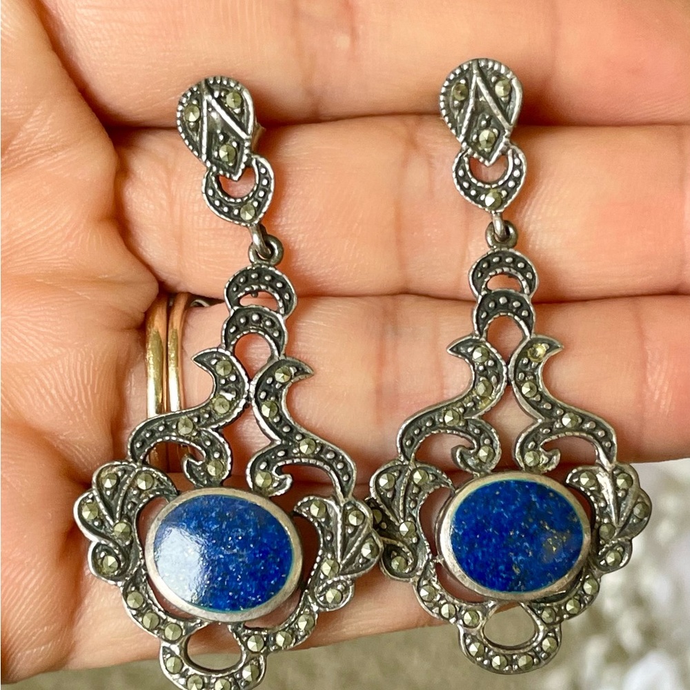 Vintage Art Deco Sterling Silver, Lapis Lazuli and Marcasite Chandelier Earrings